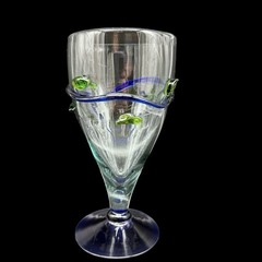 Vintage Hand Blown Art Glass Cobalt Blue & Green Applied Swirl Dot Wine Goblet