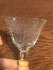 Vtg Set Of 2 Two Tone Wooden Stem Cordial Glasses Etched Flowers Handmade Base