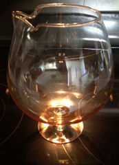 MCM Brandy Snifter Pitcher/Decanter Amber/Peach Glass w gold stripe, LG, 8” Tall
