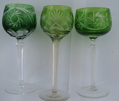 3 Vintage Cut to Clear Germany Crystal Wine Glasses goblet Hock green Star Burst