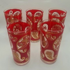 Vintage 5 MCM Culver Red & 22k Gold Paisley Highball Glasses Tumbler Cocktail
