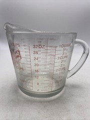 Anchor Hocking Measuring Cup D Handle 4Cup 1Qt 1000ML Glass Red Oven Basics Vtg
