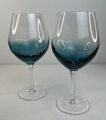 Pier 1 Crackle Teal Blue Balloon Red Wine Glasses Goblets, x2