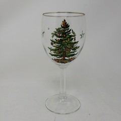 1 Vintage Spode Christmas Tree White Wine Glass Stemmed Gold Rimmed 7.25″ High