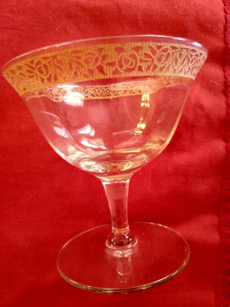 ANTIQUE FLORAL LACE GOLD RIMMED WAVY FOOTED SHERBET/DESSERT/CORDIAL GLASS~VEUC