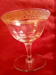 ANTIQUE FLORAL LACE GOLD RIMMED WAVY FOOTED SHERBET/DESSERT/CORDIAL GLASS~VEUC