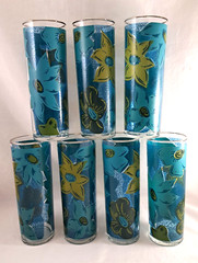 Set/7 Federal Glass 6.75″ TOM COLLINS Glasses Turquoise Floral Silver Rim