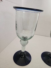 Mexican Hand Blown Trapped Bubbles Water/Wine Goblets Cobalt Rim (3)