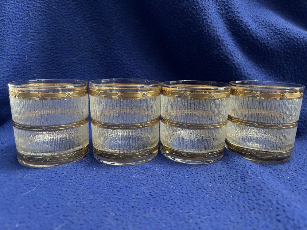 Mid Century Modern 22k Gold Crinkled Ice Whiskey Glasses Set of 4 The Bridge