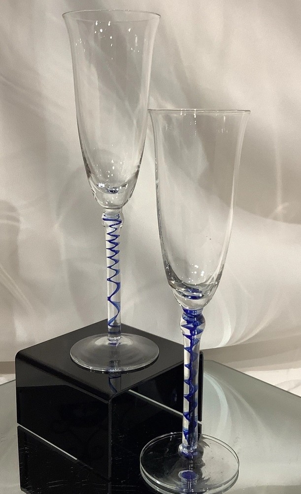 Clear 9” Champagne Flute w/ Blue Glass Spiral Twisted Stem – Set of 2