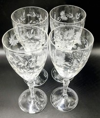 4 VINTAGE LIBBEY ROCK SHARPE WATER GOBLETS GLASSES 2011-3 OPTIC GREY CUT FLORAL