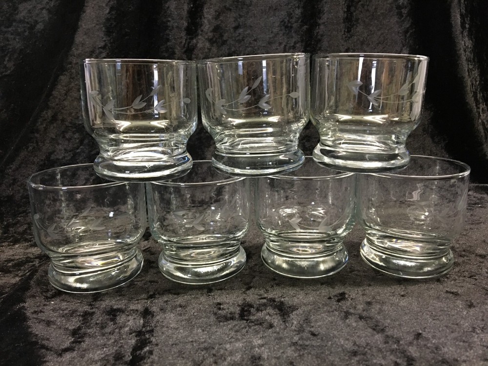Clear Etched Juice Glasses / Punch Bowl Cups Set of 7