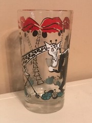 RARE VTG Red Drinking Glass Shedds PB Jungle Gorilla Giraffe Elf 5″ Bar Art