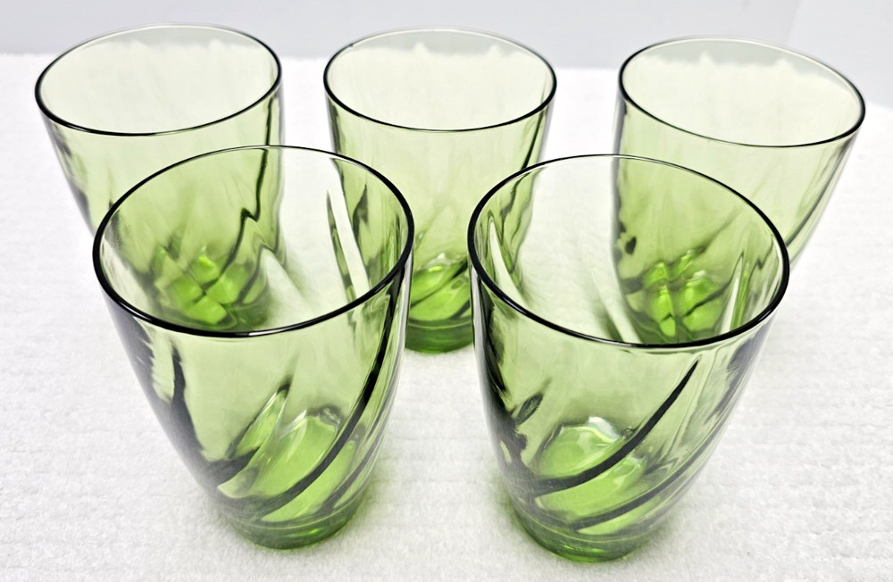 VTG Continental Can Co Hazel Atlas Green Optic Swirl Glasses Set of 5 Tumblers