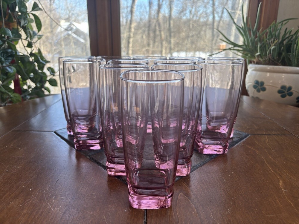 Rare Pink Depression Glass Tumblers Drink Ware Square Weighted Base Set of 12