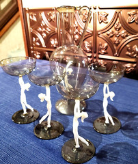 ART DECO SPEAKEASY Nudes F. Lampl Rare 1930’s Bimini Carafe 4 Martini Glasses