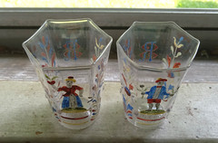 MATCHING PAIR OF 6 SIDED SALVIATI VENETIAN GLASS TUMBLERS ENAMEL DECORATED 1890s