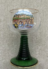 German Wine Glass Goblet Gold Trim Green Swirl Stem & Heidelburg Cityscape