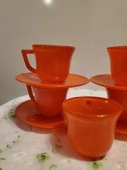 SALE! WAS 50 VTG MCM HAZEL ATLAS 9PC ORANGE OVIDE PLATONITE LITTLE HOSTESS 1950S