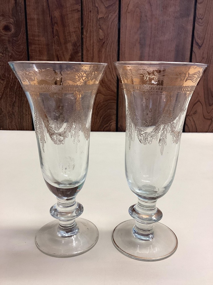 Vintage Unmarked Gold Swag Pilsner Glasses Set Of 2 Clear NeoClassical Barware