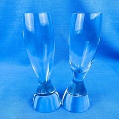 Nambe TILT two Champagne Flutes 7.5” Heavy Base Tilts Hard to Find Tiny Chip