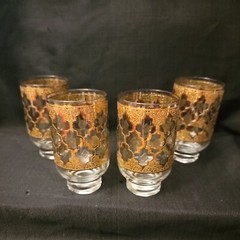 Vintage Four Culver Valencia Footed Highball Glass 24K Gold Green Diamond
