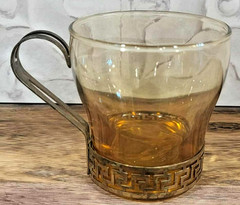 Vintage Libby Amber Glass Cup w/ Metal Greek Key Holder – Retro Mid-Century