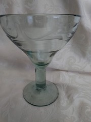 Hand Blown Etched 6in Margarita Glass Pale Green Tint Recycled Glass Mexico