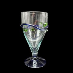 Vintage Hand Blown Art Glass Cobalt Blue & Green Applied Swirl Dot Wine Goblet