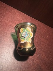 Hand Painted Murano Amber Glass Gold Leaf Floral Shot Glass and plate.