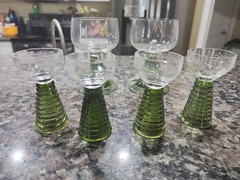 6 German Roemer Green Beehive Stem Glasses-2 Wine & 4 Cordial/Shot Glasses