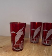 Set of 3 Vintage Anchor Hocking Royal Ruby Glass Tumblers w Etched Flying Crane