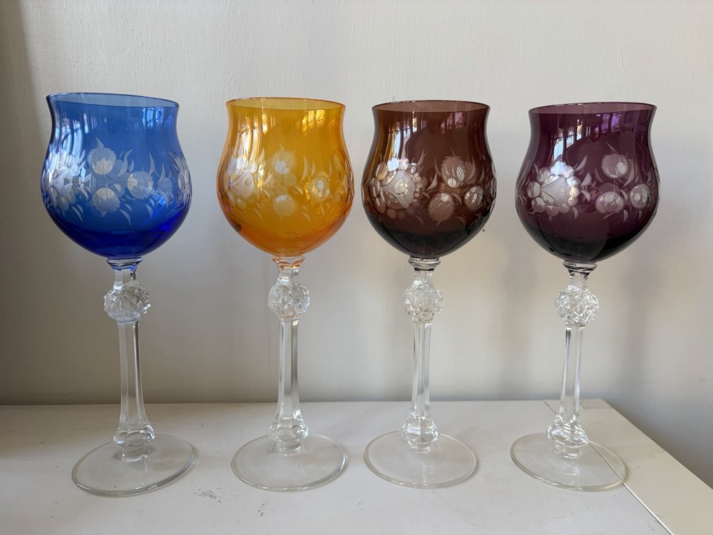 Vintage Bohemian Czech Cut to Clear Crystal Wine Glasses Multi Color Set Of 4