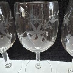 5 Weston Tall Clear Etched Water or Wine Glasses Gray Cut Floral Smooth Stem Kk