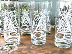 Vintage White Swirl Christmas Tree Highball Tom Collins Glasses Set of 8
