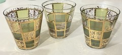 3 Vtg 1960’s MCM Culver Prado Green 22kt Gold Trim Low Ball Whiskey Glasses