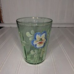 Victorian Green Glass Tumbler Enameled Iris Optic Rib Hand Painted Floral VTG