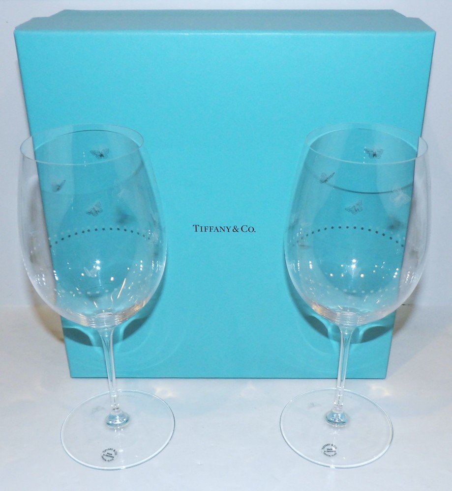 HTF PAIR OF TIFFANY & CO CRYSTAL AUDUBON JARDIN 9 1/4″ WINE GLASSES IN BOX