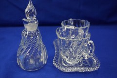 Fostoria Colony Creamer, 3″, Sugar Bowl, 2 7/8″, Tray, 6¾» & Cruet (G6)