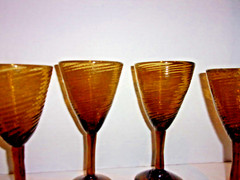 SET OF 4, MCM, VINTAGE, HAND BLOWN, SWIRL, AMBER, CORDIALS, ROUGH PONTIL