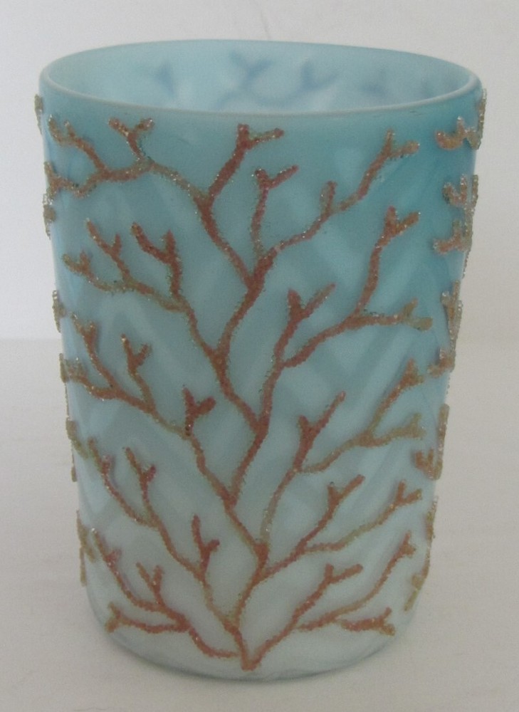 ANTIQUE SIGNED WEBB~BLUE FADE TO WHITE~CASED~CORALENE~FERN PATTERN~GLASS TUMBLER