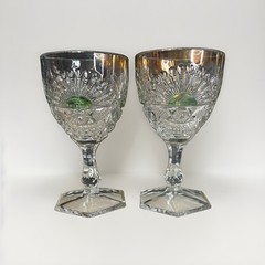 EAPG US Glass Co Rising Sun Green Flash Water Goblets Gold Rim Hexagonal Base