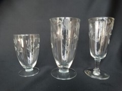 MCM Sevron Clear Glass Gray Wheel Cut By Candlelight Flowers Parfait Glass EUC
