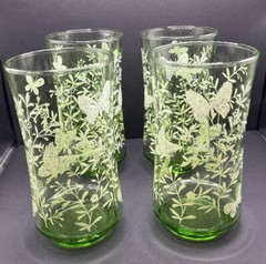 VTG MCM Very HTF Libby Libbey Glasses Grass Green w/White Butterflies Set of 4