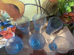 6 Vintage Teal Blue Tumblers Libbey Crackle Pebbled Bubble Iced Tea Glasses