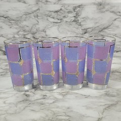 Vintage Libbey MCM Blue Purple Gold Diamond Trim Tumbler Glasses Set Of 4