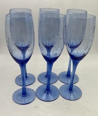 6 Blue Cobalt Champagne Flutes 8“ Tall Etched Circular And Line Design