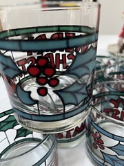 8 Vintage MCM Merry Christmas Rocks Glasses With Holly And Berries