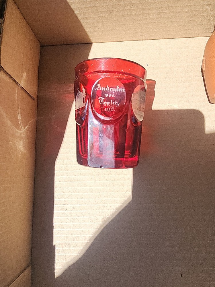 ANDENKEN VON TEPLITZ 1853 RUBY ETCHED TUMBLER BOHEMIAN CZECH SEE PHOTOS DESCRIPT