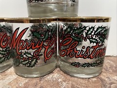Rare Cursive «Merry Christmas» Holly Double Old Fashioned Glass Set Of 4